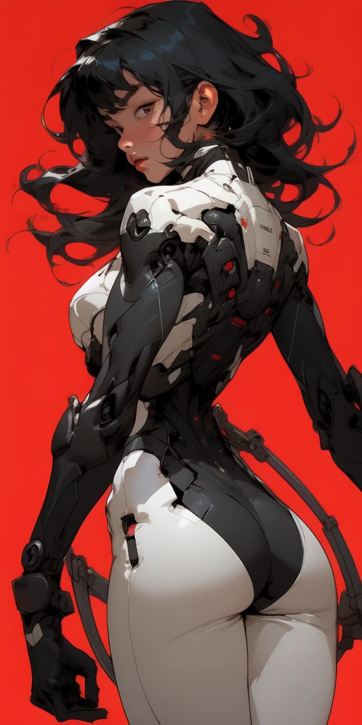 1girl,pureerosface_v1,black mecha suit, minimalism, bright red background, simple background, Fisheyes, masterpieces, top quality, best quality, official art, beautiful and aesthetic, animation, raise the butt,