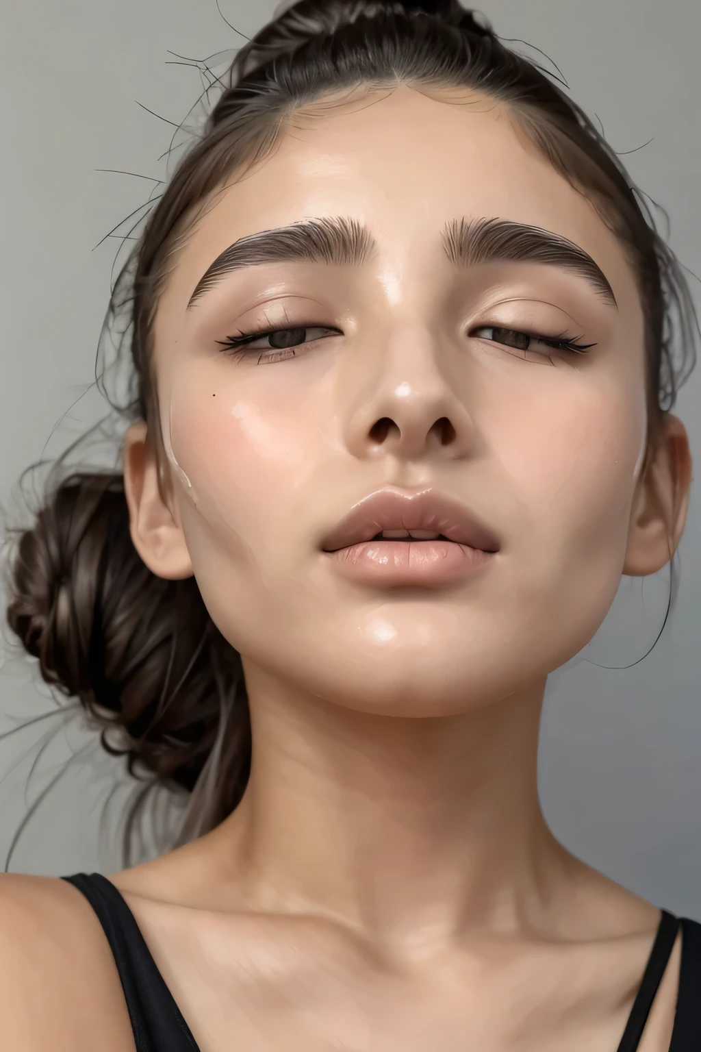 Taylor Hill、High resolution realistic photos,8k,Realistic skin texture,1 girl,Tabletop,,Awards - Winning Photos, Very detailed, Close your eyes, Nose and mouth,Face Focus,Woman with open mouth and closed eyes, Black camisole、20-year-old,Black-haired、Symmetrical face,Realistic nostrils、Angle from below、Elongated C-shaped nostrils,((Gray background))、Sweaty skin、Lighting that highlights glowing skin caused by sweat、((Sharp Nose))Skin shiny with sweat、Glowing Skin、Sweaty hair、sunlight、(Brow wrinkles)((Frowning))、((Thin eyebrows))((Oily skin、Glowing Skin))、double eyelid、Tied Hair、updo、Lift your head((Super wet skin))(((Profile with a wide nasal septum,nasal septum,profile)))((The eyes, nose and mouth are in sharp focus))