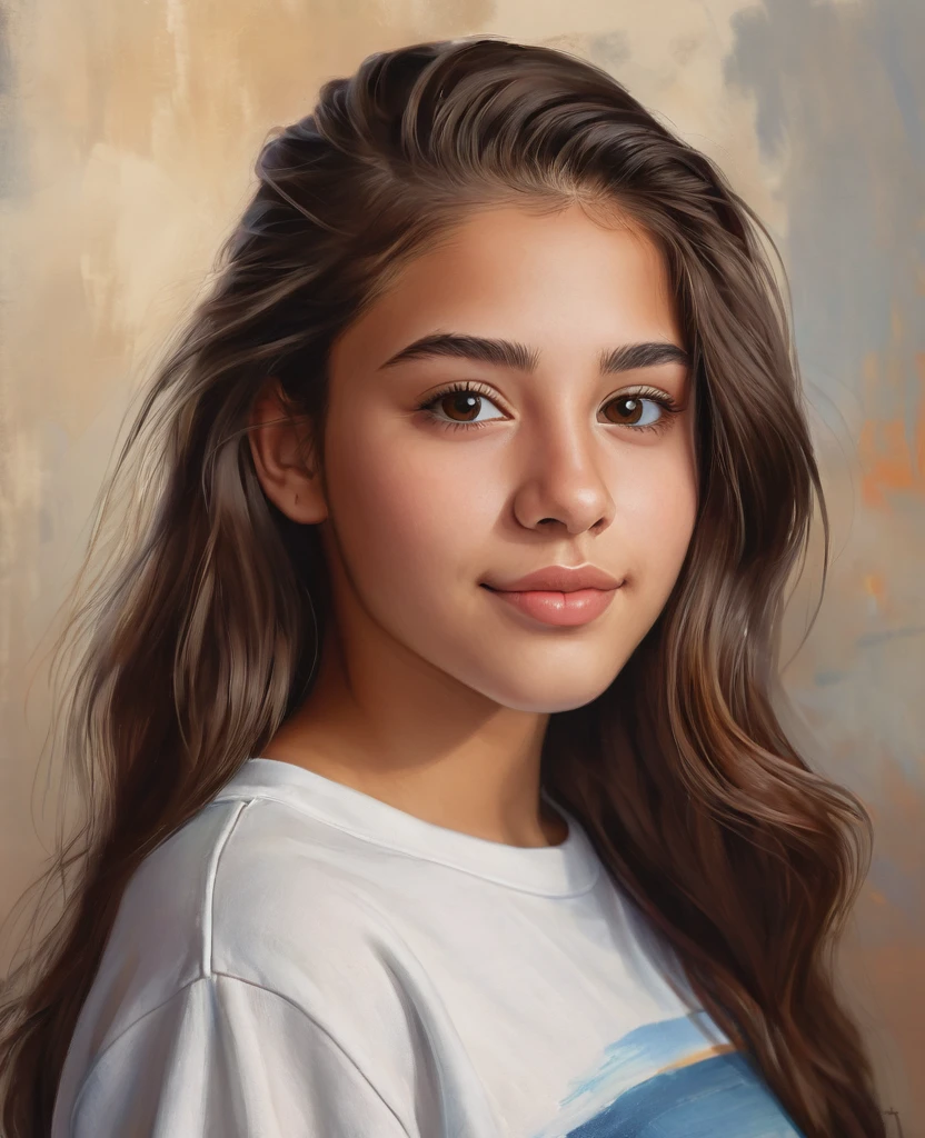 Portrait of a Latina beautiful teenager, 17 years old,soft smile, natural lips, long brown hair with shaved sides , hazel eyes, realism, digital painting, concept art, smooth, sharp focus, rule of thirds, 35 mm,