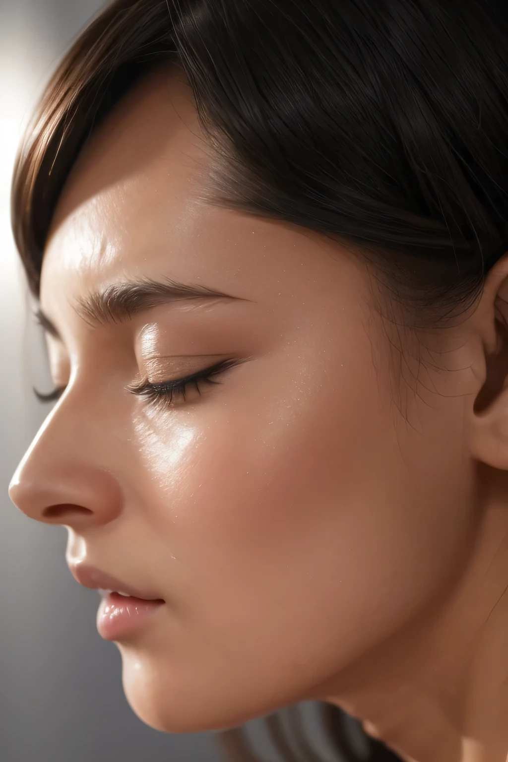 Taylor Hill、High resolution realistic photos,8k,Realistic skin texture,to be born々New People々々々々,1 girl,Tabletop,,Awards - Winning Photos, Very detailed, Close your eyes, Nose and mouth,Face Focus, Extreme close up of face、Woman with open mouth and closed eyes, Black camisole、20-year-old,Black-haired、Symmetrical face,Realistic nostrils、Angle from below、Elongated C-shaped nostrils,((Gray background))、Sweaty skin、Lighting that highlights glowing skin caused by sweat、((Sharp Nose))Skin shiny with sweat、Glowing Skin、Sweaty hair、sunlight、(Brow wrinkles)((Frowning))、((Thin eyebrows))((Oily skin、Glowing Skin))、double eyelid、Tied Hair、updo、Lift your head((Super wet skin))(((Profile with a wide nasal septum,nasal septum,profile)))