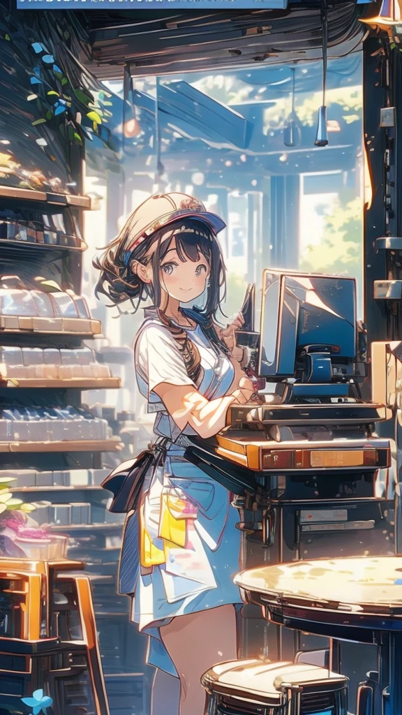 young woman,Facing forward,smile,((Standing inside the cash register)),Touching the cash register machine,Customer Service,((There is a cash register on the table)),(Scanning product barcodes at the cash register)),Supermarket clerk,Wearing an apron,uniform,((Working as a cashier)),((Cashier)),((cashier,register,)),((Receive money from customers)),There are products on the shelves,In the supermarket,Bright interior,grocery store