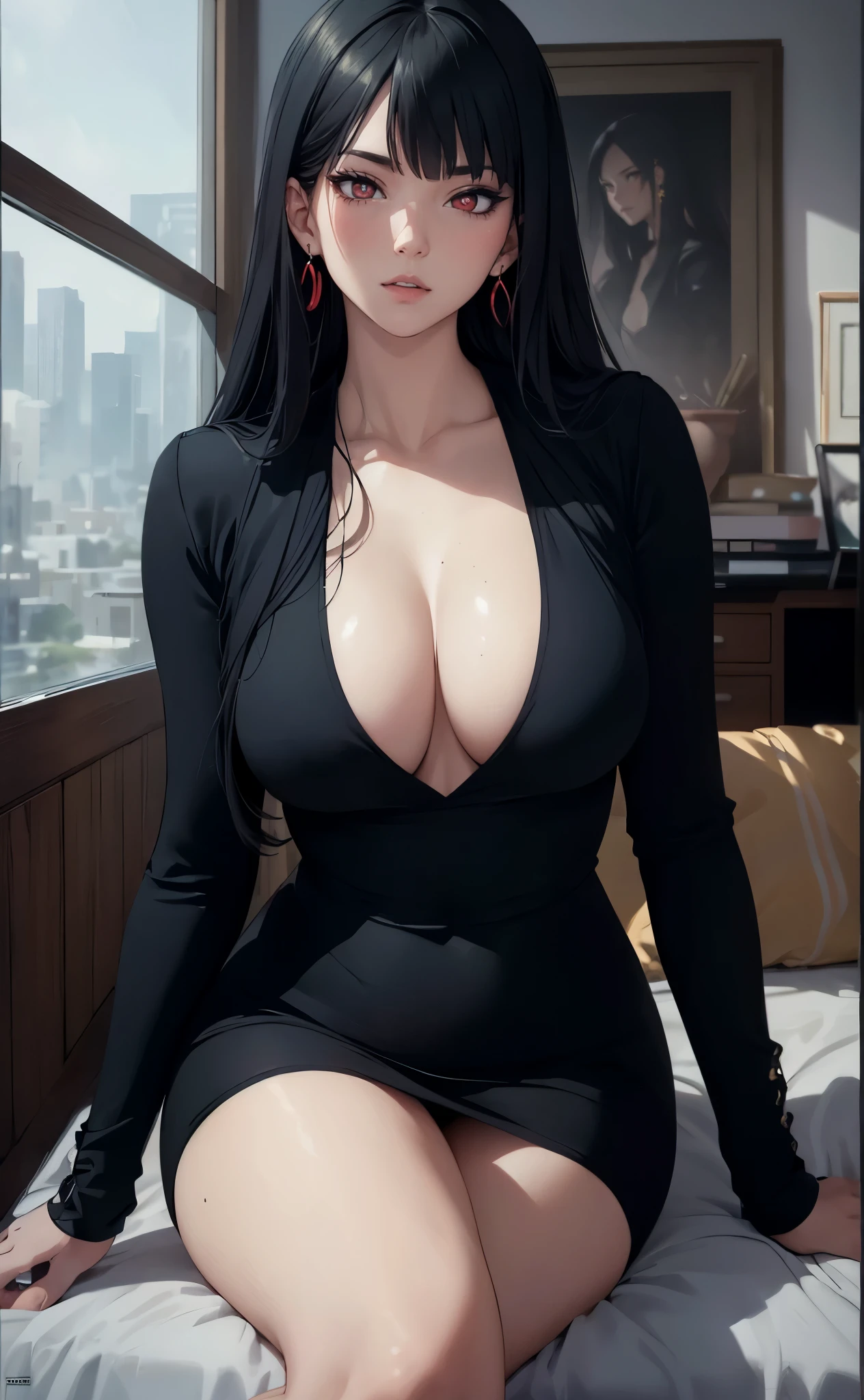 ((1girl, solo)), large breasts, beautiful body, (perfect anatomy, perfect body, perfect hands, perfect legs), nice hands, five fingers, natural proportions, sexy body, sitting, arm support BREAK
((extremely detailed face)), (red eyes:1.5), (half close eyes:1.3), (beautiful detailed eyes:1.6), (realistic pupils, realistic iris:1), expressive eyes, ((looking at viewer)), (clear eyes:1.3), (hyperrealistic:1.2), (detailed skin texture:1.2), smooth skin, black hair, blunt bangs, long hair, (detailed lips:1.2), (attractive lips:1.1), (glossy lips:1.1), parted lips, perfect face, perfect eyes, ((earrings)), jewelry BREAK
black dress, mini dress, collarbone, cleavage, plunging neckline, long sleeves, skin tight, thighs BREAK
(masterpiece:1.5), anime-style, top quality, best quality, (beautiful and aesthetic:1.2), (ultra detail:1.5), Ultra-detailed depiction, Ultra-precise depiction, extremely detailed 8k illustration, high resolution, (highly detailed shading:1.2), (realistic lighting:1.4), perfect lighting, vibrant colors, dynamic tones, striking hues, 8k, absurd resolution, perfect shadows, hdr, UHD, ambient lighting, realistic, ultra-realistic, photo realistic, highly detailed, rich detail, luminous colors, fine texture, intricate design, professional illustration, (soft light:1.2), (illustration:0.7)