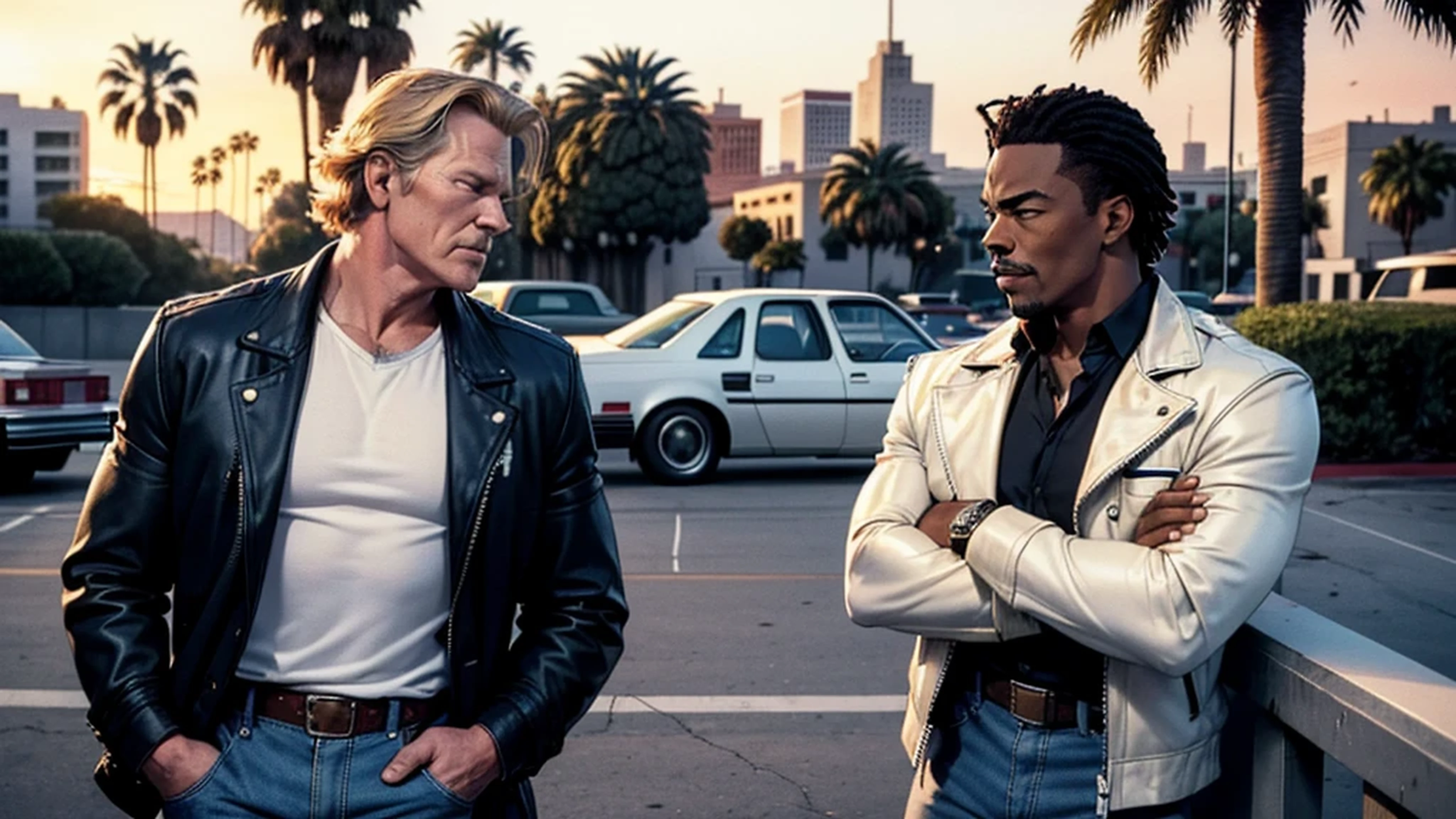 A pre fight of 2 guys. Edward Regan "Eddie" Murphy (left side of image), young, 22 years old, as Beverly Hills Cop, LOL face expression, smiling, white perfect teeths, wearing (Detroit Lyons Jacket (1984) and blue jeans), (light beige and black Detroit Lyons jacket), crossed arms, profile view perspective, from the waist up. Nicholas King "Nick" Nolte (right side of image), 47 years old, 48 Hours movie, cheap gray suit, no tie, messy hair, crossed arms, tired, angry expression, nervous, forehead vein visible. They are facing off each other. Background: blend San Francisco with Beverly Hills (palm trees).