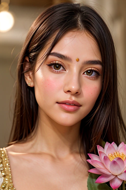 Radiant Complexion: Often described as having a molten gold complexion, symbolizing her divine nature and purity. Captivating Eyes: Large, expressive and seductive eyes that reflect a depth of love and devotion towards Krishna. They are often compared to lotuses. Delicate Features: A pointed nose, thin lips, and a graceful chin contribute to her ethereal beauty. Lustrous Hair: Long, flowing hair adorned with flowers, symbolizing her youthful charm and purity.