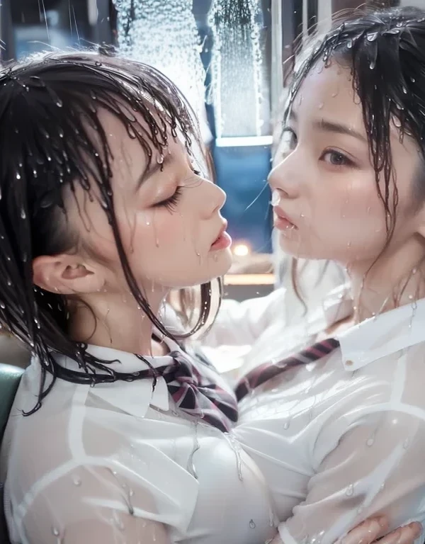 (Masterpiece of RAW photography:1.37)(Snapshot of 3girls having fun in open shower room by the pool, kissing face to face), {Braid hair|With Bun}, (School Swimwear), the body is covered with juice {White LiquidSoap|Sweating|be sweaty}, WetFace Wet pearl skin, ((Wet swimsuit)), Perfect Lighting (bokeH:1.4), Roundly butts, (Shower Water:1.6) { (Gigantic Overflowing sideboob) | Butt cruck | (from above:1.4) }, {hidden hands|(Corrected Childish Hand)} BREAK (NOGIZAKA girls)  ((Extremely Detailed very KAWAII face variations)), perfect anatomy, Childish, captivating gaze, PerfectEyes ElaboratePupil with (sparkling highlights:1.2), long eyelashes, Wet RED Lips with beautiful details, RosyCheeks . { (Dynamic joyful expressions) | (:d) } . (close-up:1.28), Assfocus (Full of Water like Downpour, Everything Wetted:1.6) ((Starry Water Particles))