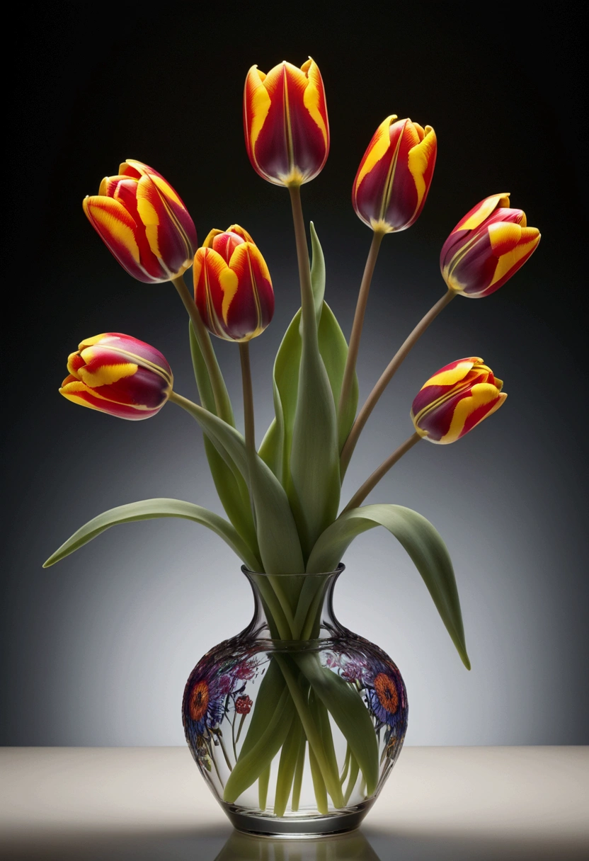 Tulip, by Millefiori glass style, cinematic still, chiaroscuro, dynamic, surreal, (best quality, masterpiece, photorealistic), very aesthetic, perfect composition, intricate details, ultra-detailed, vivid colors
