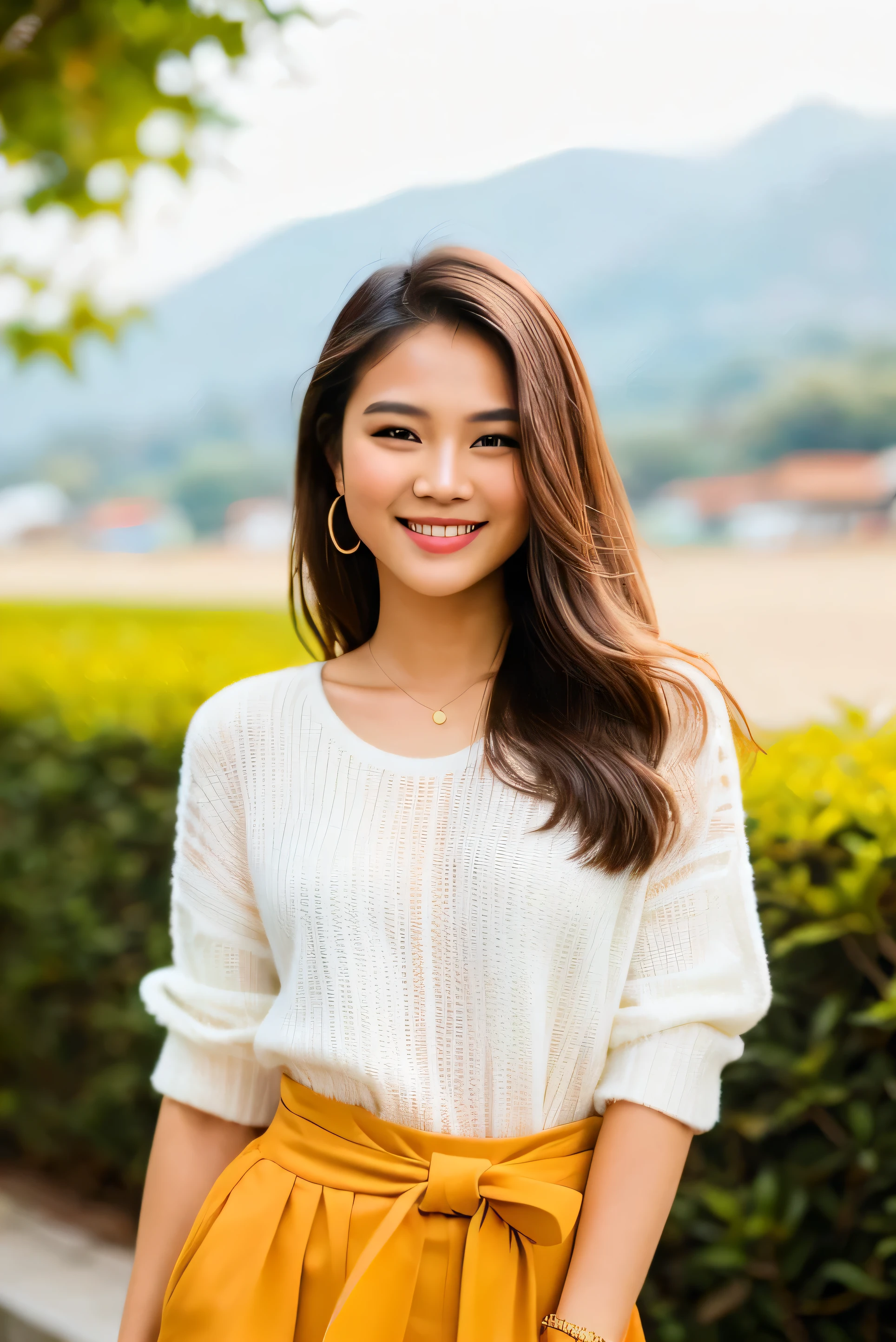 ((คุณภาพดีที่สุด)), ((ผลงานชิ้นเอก)), (รายละเอียด),A high-resolution, ultra-realistic photograph of a modern-dressed smiling Thai woman with her hair blowing in the wind. The image should capture intricate details, highlighting her stylish outfit and natural beauty.