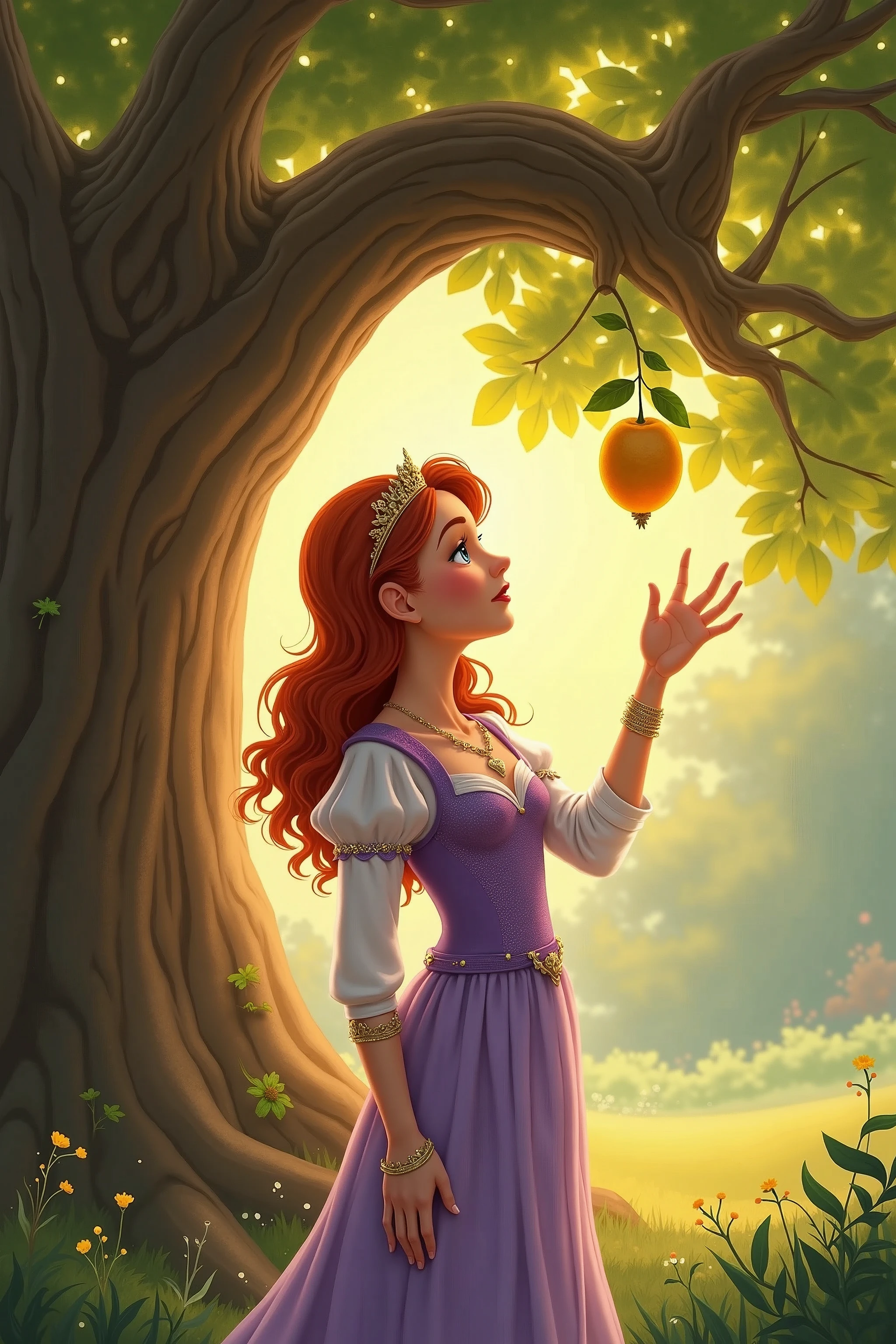 Princess Elara: Standing in awe before the oak tree, her auburn hair catching the golden light. She is reaching out to touch one of the golden fruits, her lavender dress shimmering in the ethereal glow.Elara’s hand is extended toward the fruit, her face showing wonder and curiosity.
