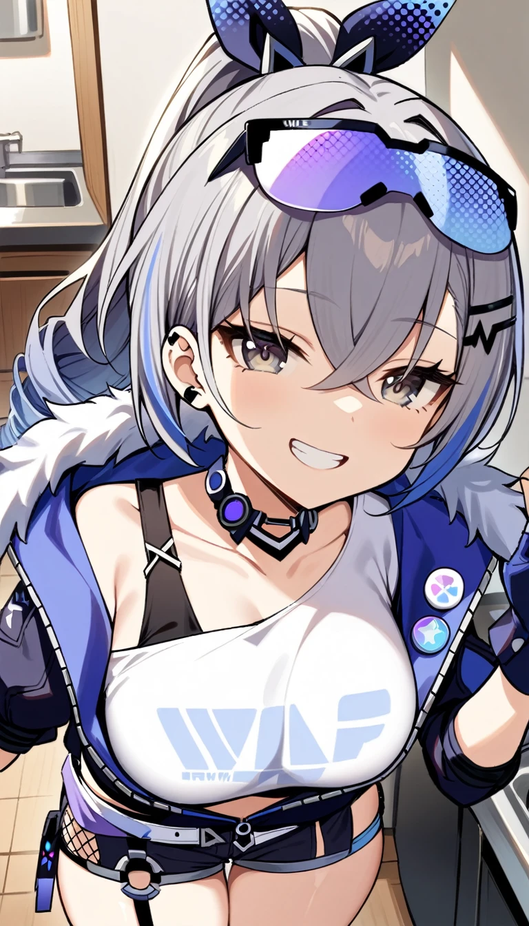 1girl, huge tit,grin,1boy, pov_hand, masterpiece, best quality, very aesthetic, absurdres,,1girl, silver wolf \(honkai: star rail\), honkai \(series\), grey hair, long hair, grey eyes, jacket, eyewear on head, gloves, ponytail, fingerless gloves, shirt, shorts,in kitchen,floating_clothes,