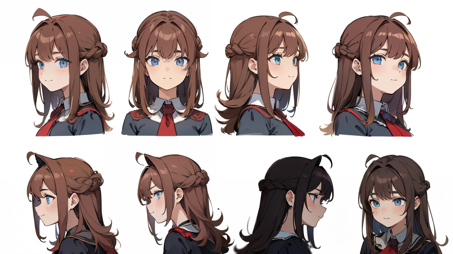((Masterpiece, Highest quality)), Detailed face, character sheets, full bodyesbian, 1girl ,shoun,Babe, blue eyes, dark blonde hair, long detailed hair, Messy hair, , hair between eye,velvet red loose blouse, Full of details, Multiple poses and expressions, Highly detailed, Depth, Many parts, cute, smile, front view, back view, side view