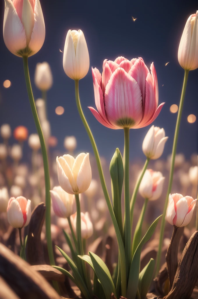 tulips, masterpiece, 8k, photorealistic, soft natural lighting, ultra-detailed, realistic, a tiny fairy is flying around tulips, long exposure, depth of field, macro