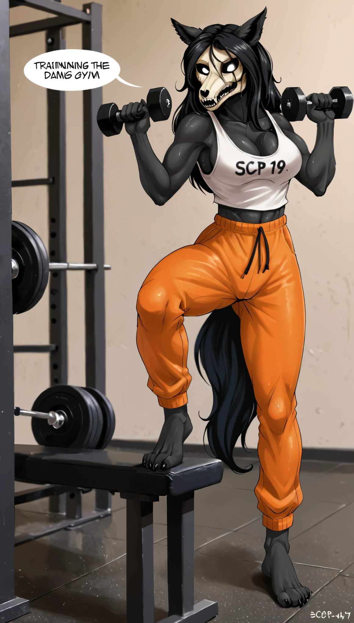 SCP-1471, MalO, (solo:1.5), Female, black fur, long black hair, (white tank top), orange prison jumpsuit with TEXT "SCP-1471", (sweaty body:0.75), ((jail gym, training in the gym, training stance, lifts the dumbbell)), angry dialog text, angry text bubbles