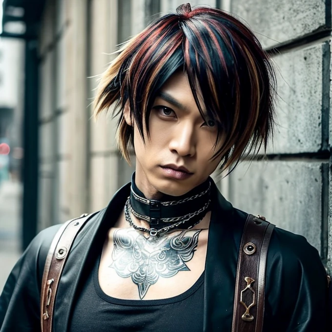 1 man, male, Japanese man, Visual Kai hairstyle, ultra detailed face and body, hyperrealistic, realistic representation, muscular, broad shoulders, tattoos gothic style, piercings, Visual Kei style, hairstyle Visual Kei, blond, long hair, 40 years old, age 40, outfit gothic streampunk, men's shirt and black pants, Asian eyes, eyes Asian, Visual Kei hairstyle 