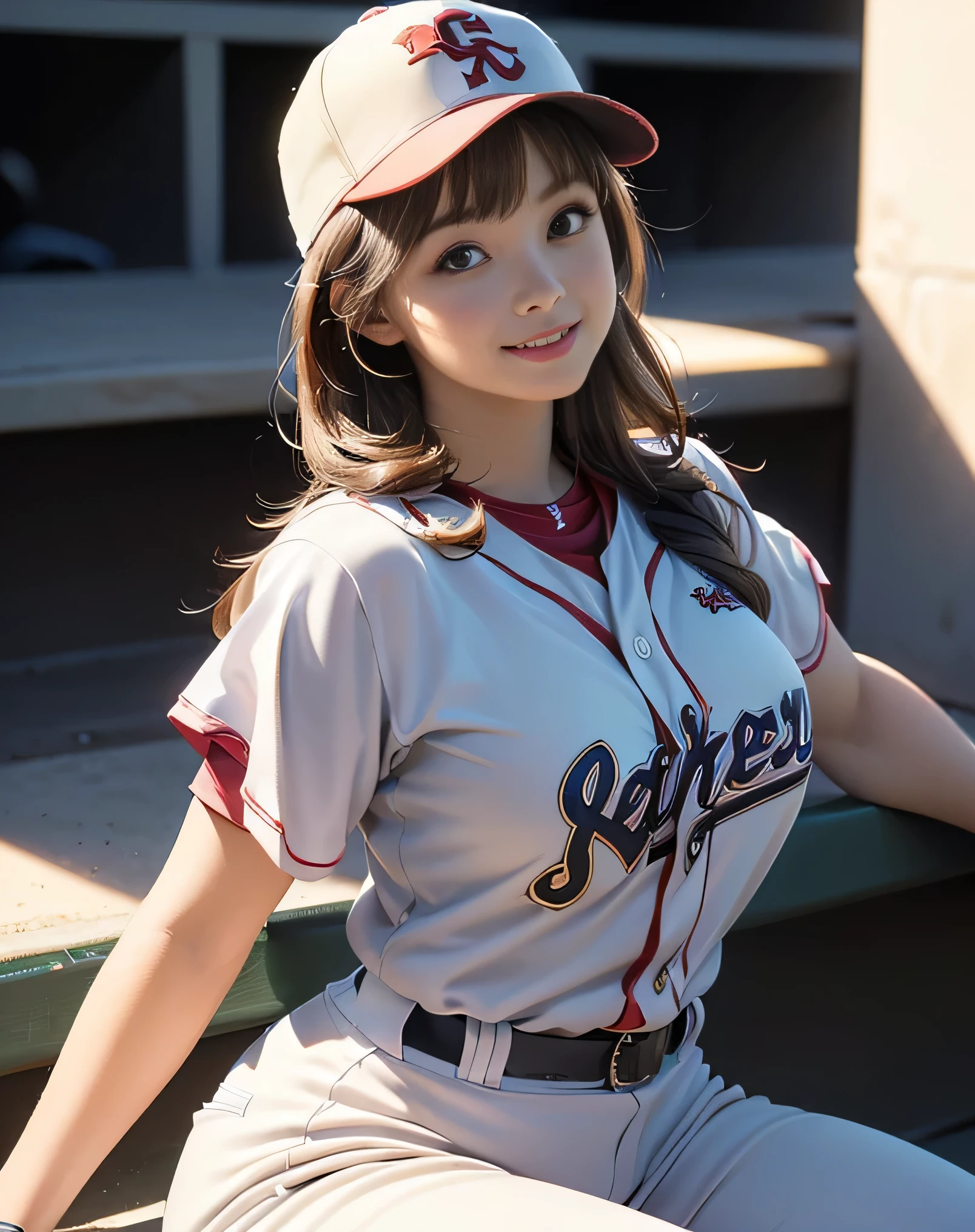 (photorealistic:1.6),(High resolution:1.6),(solo, one girl:1.5),(Beautiful Girl:1.5),(cool beauty:1.5),(Light brown Hair:1.3),(long hairstyle:1.5),(bangs bangs),chuuChloe,(Baseball uniform:1.4),(Big eyes),(looking at viewer:1.4),(big saggy breasts:1.3),(smile:1.5),(Elegant:1.5),(sit on a stadium bench),(girl baseball player),(Baseball Cap),