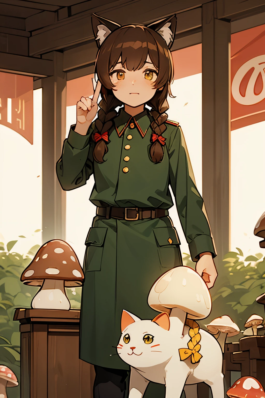  ..... soft, cute adult neko with cat ears, medium length luscious brown hair with 1 short braid near the face, yellow eyes,.....      Pavilion of mushrooms and mushroom farming at the Exhibition of Economic Achievements of the USSR in Moscow during the Stalinist regime of Stalinism in 1935. The great Stalin is leading us to communism, he gave us happiness and freedom, he calls us to heroic deeds, great wise leader of the peoples. Long live the mushroom industry of the Soviet Union! Mushroom stands, Red flags, Mushrooms .... View from the street....... ..... soft, cute adult neko with cat ears, medium length luscious brown hair with 1 short braid near the face, yellow eyes, olive administrative uniform 