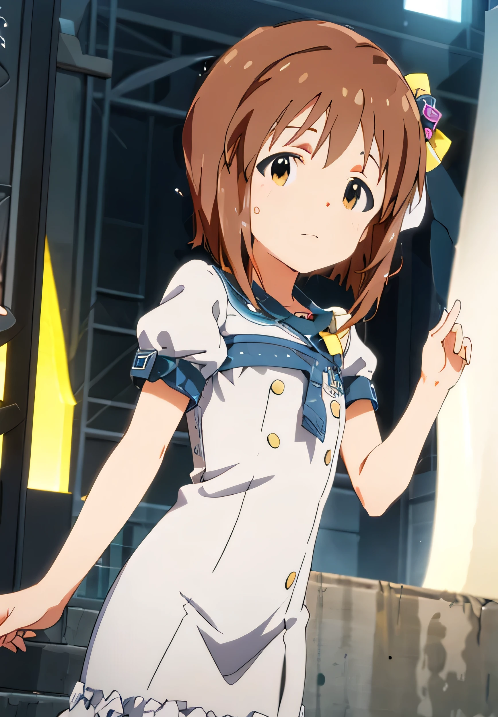 1 woman, brown hair, short hair, idolmaster hagiwara yukiho,17 year old girl, hagiwara yukiho, white one piece dress, cowboy shot, looking at viewer, in idol stage, shiny, multi color gradient, lovley, deep digital painting layer, soft ambient lighting,vivid colors, idolmaster stalit season yukiho, Super cute, very beautiful, beautiful background, Very detailed