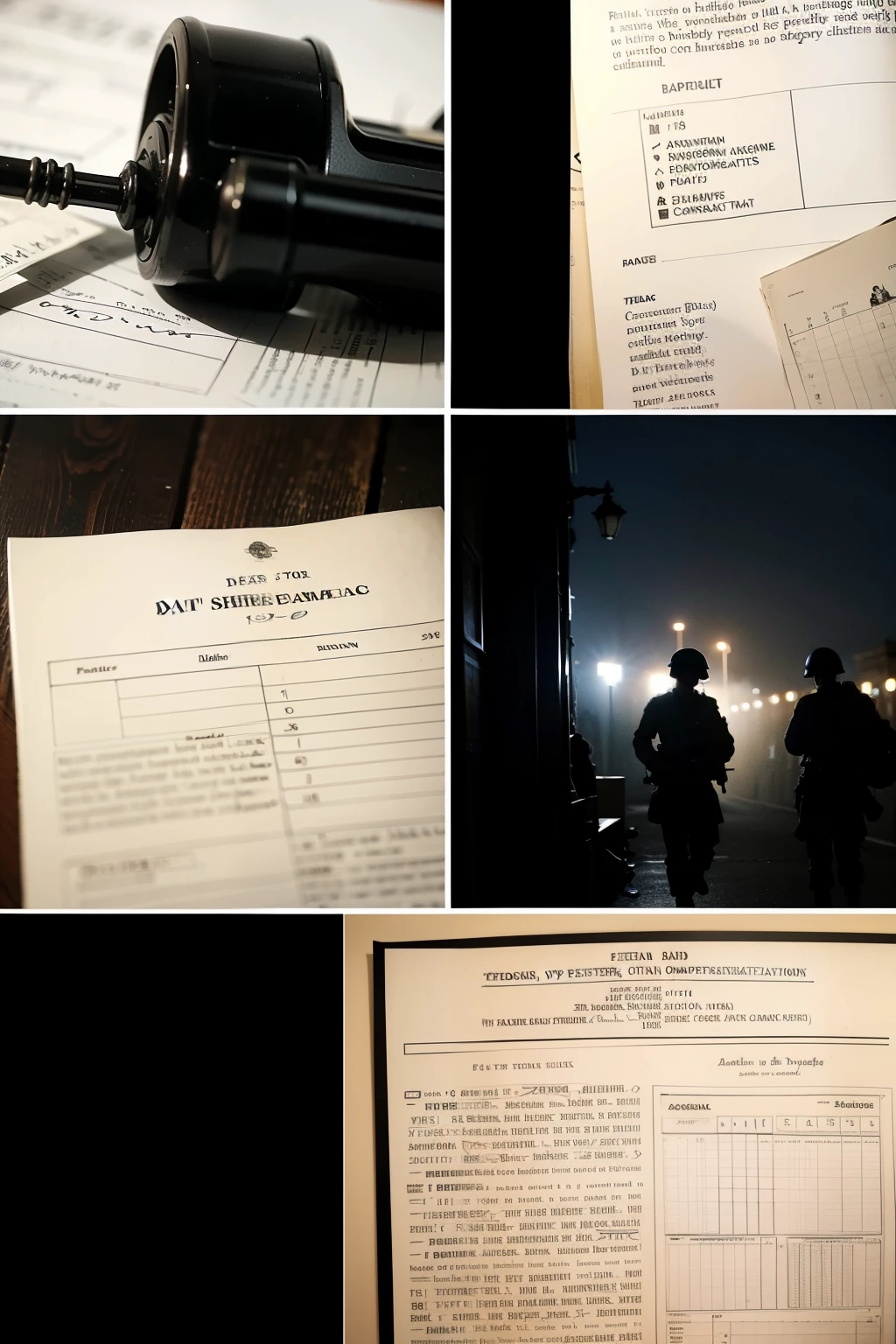 ((best qualityer)) ((detailded)) dark and dramatic scenes, historical reconstructions, confidential documents and charts of military operations.