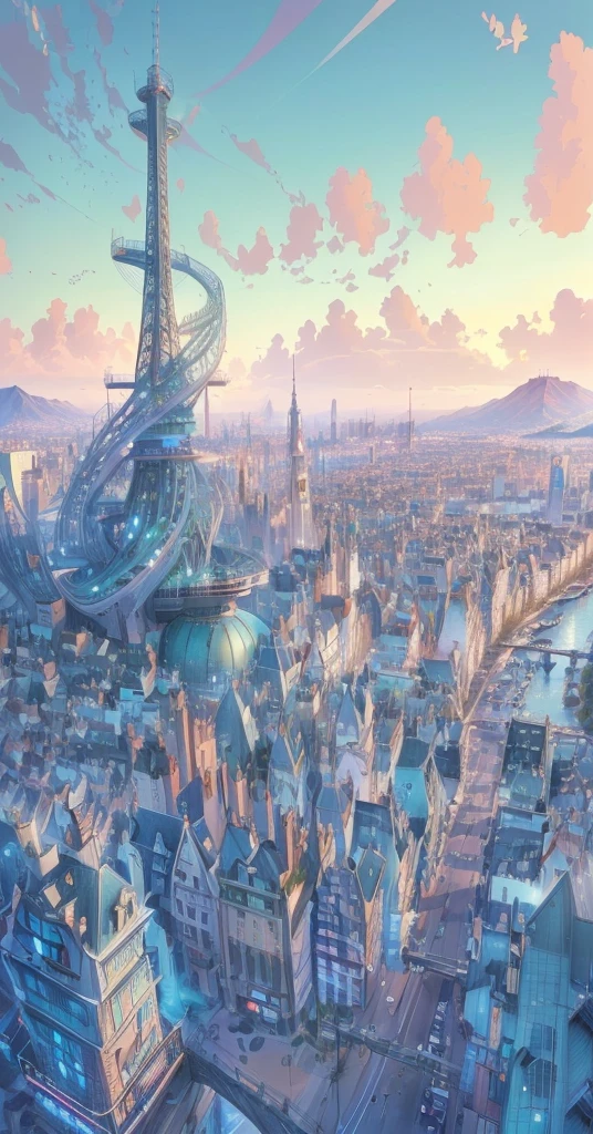 Anime city with a tower and a bridge in the middle, HD anime city landscape, Anime style cityscape, beautiful city of the future, Anime Background art, Beautiful city view, Anime Background, Futuristic France, beautiful Anime Landscape, Beautiful anime scene, Tokyo anime scene, Anime Landscape concept art, Anime Landscape, author：sylvain sarrailh, Anime Landscape,Girl floating, flying, back view, white dress