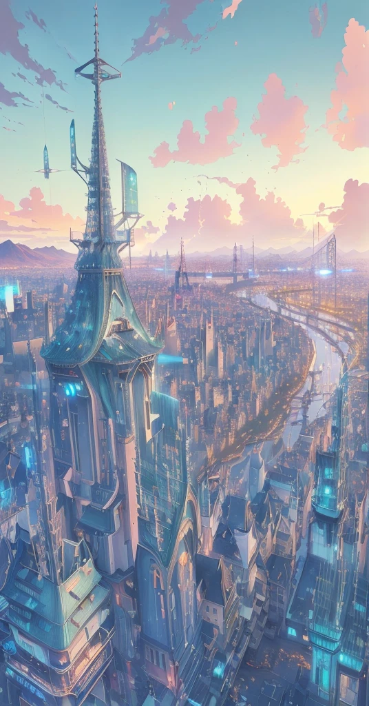 Anime city with a tower and a bridge in the middle, HD anime city landscape, Anime style cityscape, beautiful city of the future, Anime Background art, Beautiful city view, Anime Background, Futuristic France, beautiful Anime Landscape, Beautiful anime scene, Tokyo anime scene, Anime Landscape concept art, Anime Landscape, author:sylvain sarrailh, Anime Landscape,Girl floating, flying, back view, white dress