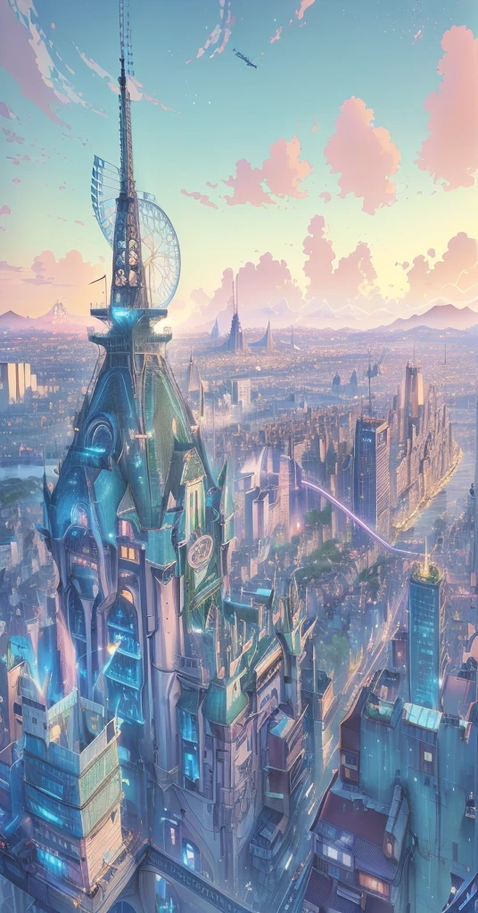 Anime city with a tower and a bridge in the middle, HD anime city landscape, Anime style cityscape, beautiful city of the future, Anime Background art, Beautiful city view, Anime Background, Futuristic France, beautiful Anime Landscape, Beautiful anime scene, Tokyo anime scene, Anime Landscape concept art, Anime Landscape, author：sylvain sarrailh, Anime Landscape,Girl floating, flying, back view, white dress