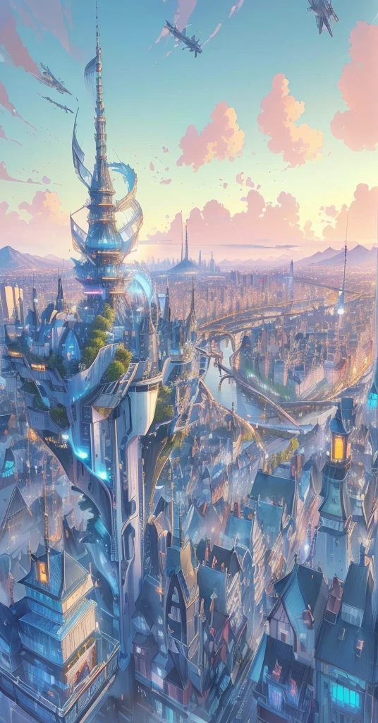 Anime city with a tower and a bridge in the middle, HD anime city landscape, Anime style cityscape, beautiful city of the future, Anime Background art, Beautiful city view, Anime Background, Futuristic France, beautiful Anime Landscape, Beautiful anime scene, Tokyo anime scene, Anime Landscape concept art, Anime Landscape, author：sylvain sarrailh, Anime Landscape,Girl floating, flying, back view, white dress