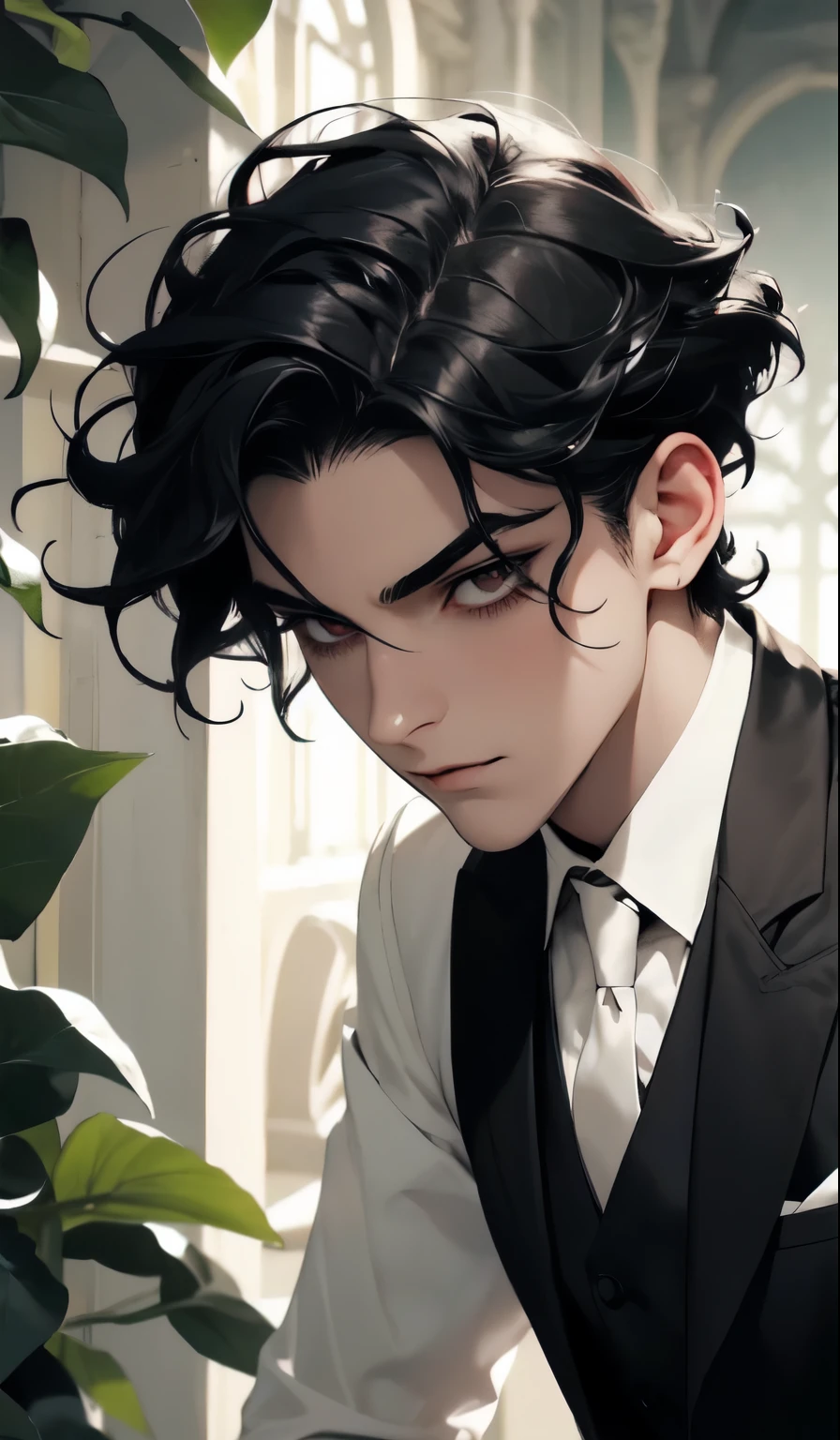 The picture you describe of a vampire boy has the following characteristics:

- Shoulder-length black curly hair - Left eye is red with white eyelashes - Right eye is black with black eyelashes - On the left side of the head is a laurel wreath - Wears a vest
