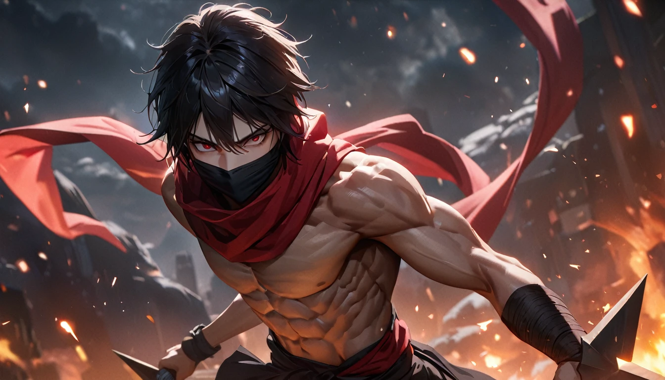 Super detailed, ultra hd, 8k, best quality, masterpiece, man, muscle abs, skinny body, black hair, comma hair, red eyes, perfect face, red scarf covered mouth, ninja cloth, holding big shuriken, shinobi war, bloodlust, intense situation, dark sky, realistic light