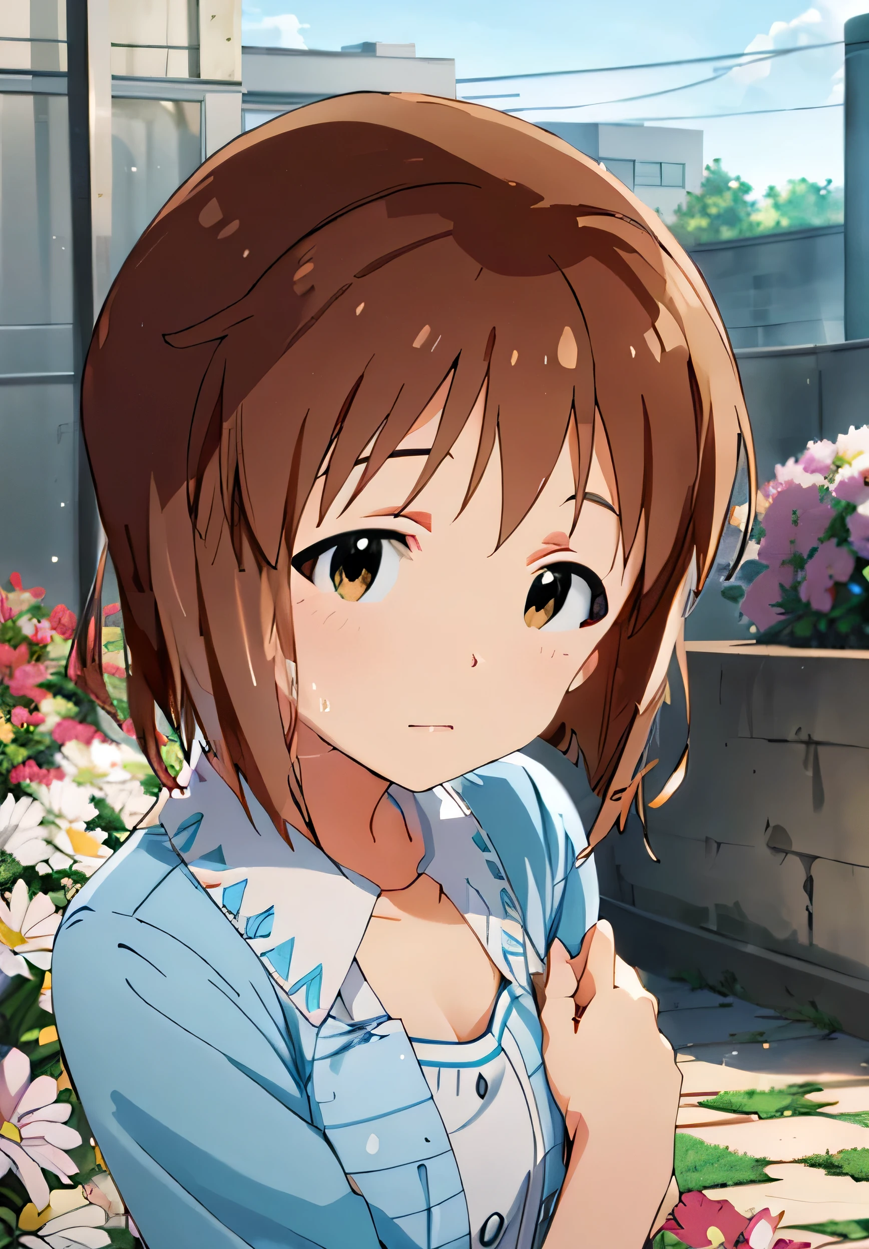 1 woman,brown hair, short hair, idolmaster hagiwara yukiho,17 year old girl, hagiwara yukiho, white one piece dress,face focus,face close up,from the side,looking at viewer, in garden, hugging flowers, shiny, multi color gradient, beautiful sky, lovley, deep digital painting layer, soft ambient lighting,vivid colors,chest concentration,idolmaster stalit season yukiho, Super cute, very beautiful,beautiful background,realistic photo,Very detailed,짧은 의상