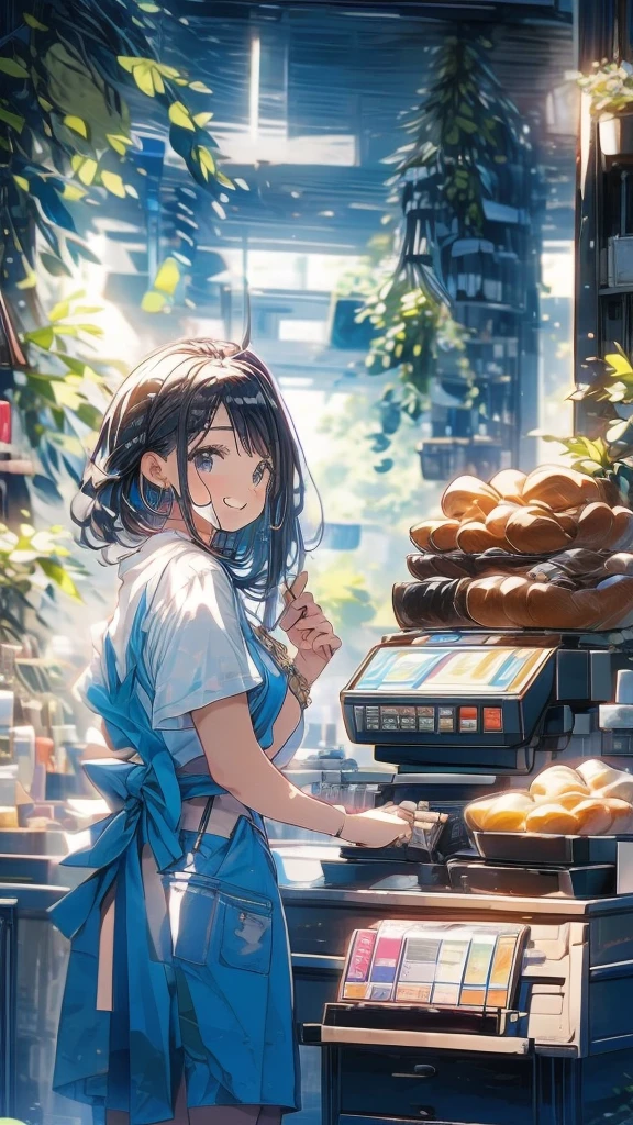 young woman,Facing forward,smile,((Standing inside the cash register)),Touching the cash register machine,Customer Service,((There is a cash register on the table)),(Scanning product barcodes at the cash register)),Supermarket clerk,Wearing an apron,uniform,((Working as a cashier)),((Cashier)),((cashier,register,)),((Receive money from customers)),There are products on the shelves,In the supermarket,Bright interior,grocery store