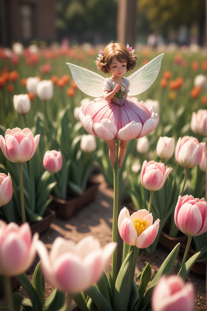 a tiny fairy is flying around tulips, masterpiece, 8k, photorealistic, soft natural lighting, ultra-detailed, realistic, long exposure, depth of field, macro