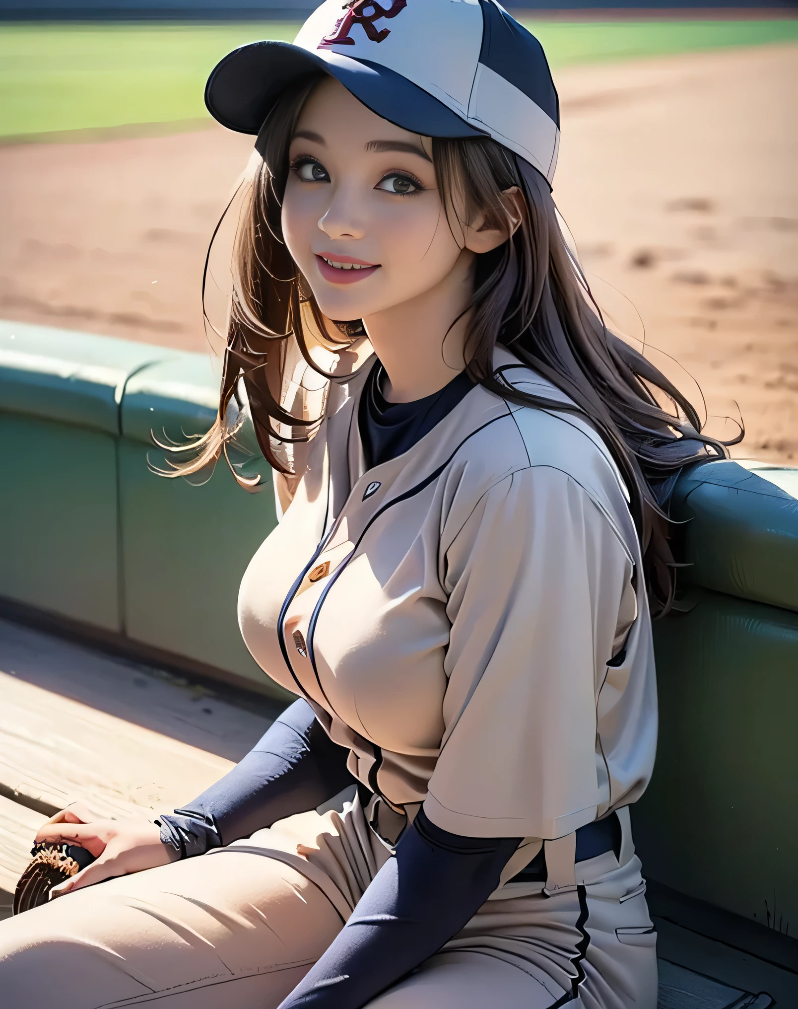 Medium shot, baseball_uniform beautiful woman (very long hair, strong wind: 1.2), big, weapons, bat, slender body, delicate hands, playground, strong sunshine, (sharp focus, eye focus, top quality, realistic details, clear image, high resolution)