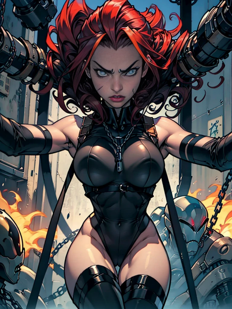 Redhead woman with sexy curly hair , big breasts and thick thighs , chained with open arms, a face of terror , alien technological scenes in the background