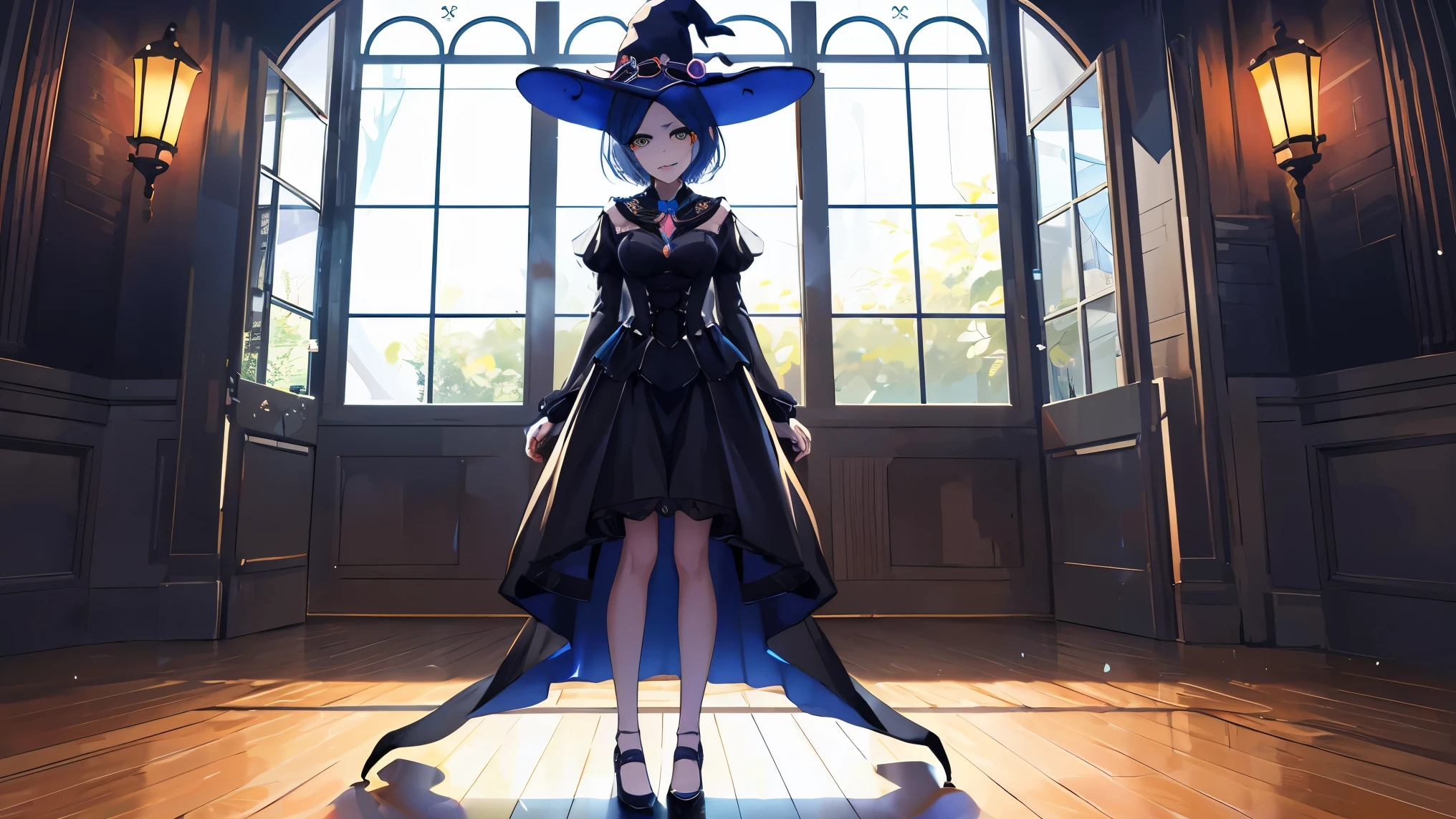 hayami kanade, idolmaster cinderella girls, in bedroom, 1girl, solo, full body, short hair, parted bangs, yellow eyes, large breasts,
BREAK ((witch costume:1.5)) 
BREAK standing in a large alcove in the room , standing in front of a window ,arms behind back, ball gown, in the garden of trees, wedding decorations,
BREAK (masterpiece:1.2), best quality, high resolution, unity 8k wallpaper, (illustration:0.8), (beautiful detailed eyes:1.6), extremely detailed face, perfect lighting, extremely detailed CG, (perfect hands, perfect anatomy),