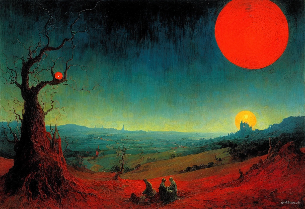 Mythical creatures, author：Zdzislaw Beksiński and Vincent van Gogh, romantic,landscape、Red moon and big eyes