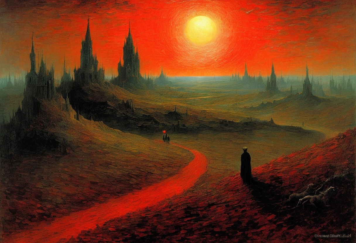 Mythical creatures, author:Zdzislaw Beksiński and Vincent van Gogh, romantic,landscape、Red moon and big eyes