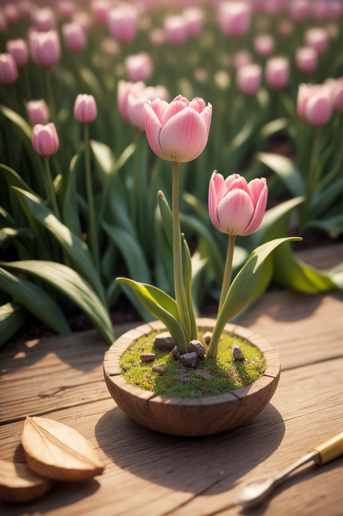 a tiny fairy is flying and smelling tulips, masterpiece, 8k, photorealistic, soft natural lighting, ultra-detailed, realistic, long exposure, depth of field, macro