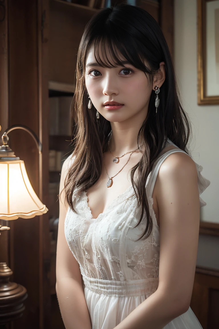 (Highest quality:1.4)，(masterpiece:1.4)，(Realistic:1.4)，(Realistic:1.2)，(超High resolution， RAW Photos:1.4)，(High resolution， Ultra-detailed:1.2)，(8k:1.2)，View your viewers，Cinematic photography，One girl，skeletally correct，Black-haired woman，Woman in her early 20s，(Small earrings，necklace，Brown tulle dress)，（Western-style building interior，Dimly lit room，The lamplight shines on my cheeks）