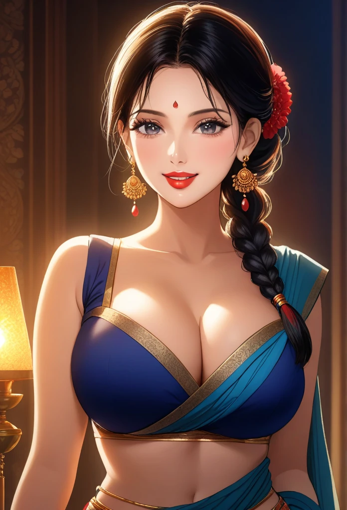 (1woman, mature, single hair braid, saree, big long jhumka earrings, detailed alluring eyes, smooth detailed lips, beautiful face, smiling, red lipstick, navel, bangles, blue ribbon, average breasts, cinematic lighting, dramatic lighting, vibrant colors, intricate details, photorealistic, 8k, hyper realistic, masterpiece, digital art, concept art)