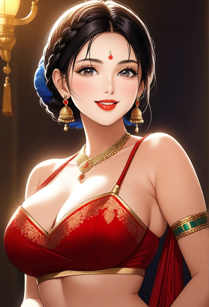 (1woman, mature, single hair braid, saree, big long jhumka earrings, detailed alluring eyes, smooth detailed lips, beautiful face, smiling, red lipstick, navel, bangles, blue ribbon, average breasts, cinematic lighting, dramatic lighting, vibrant colors, intricate details, photorealistic, 8k, hyper realistic, masterpiece, digital art, concept art)