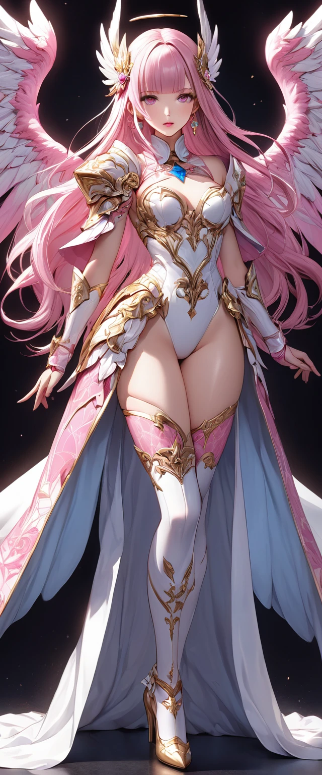 (Perfect Anatomy)、Mastepiece、Ultra High Quality、 8k、masterpiece、Highest quality、Ultra-high resolution、Maximum resolution、Very detailed、Professional Lighting、anime、woman、thin、so beautiful、Highly detailed eye、Highly detailed face、Golden earrings、Pink Hair,、Pink eyes、Detailed costume patterns、Mid-chest、Blue jewel on chest, makeup, eyeliner, eye shadow, pink cheek, pink lips, upper arm pink armor, white leotard, pink pattern, full body, magical girl, Angel Girl, Are standing, pink thigh high stockings, white super long boots, pink gauntlet, high heels, blunt bangs, Hime cut, bridal hair accessory, paladin robe,