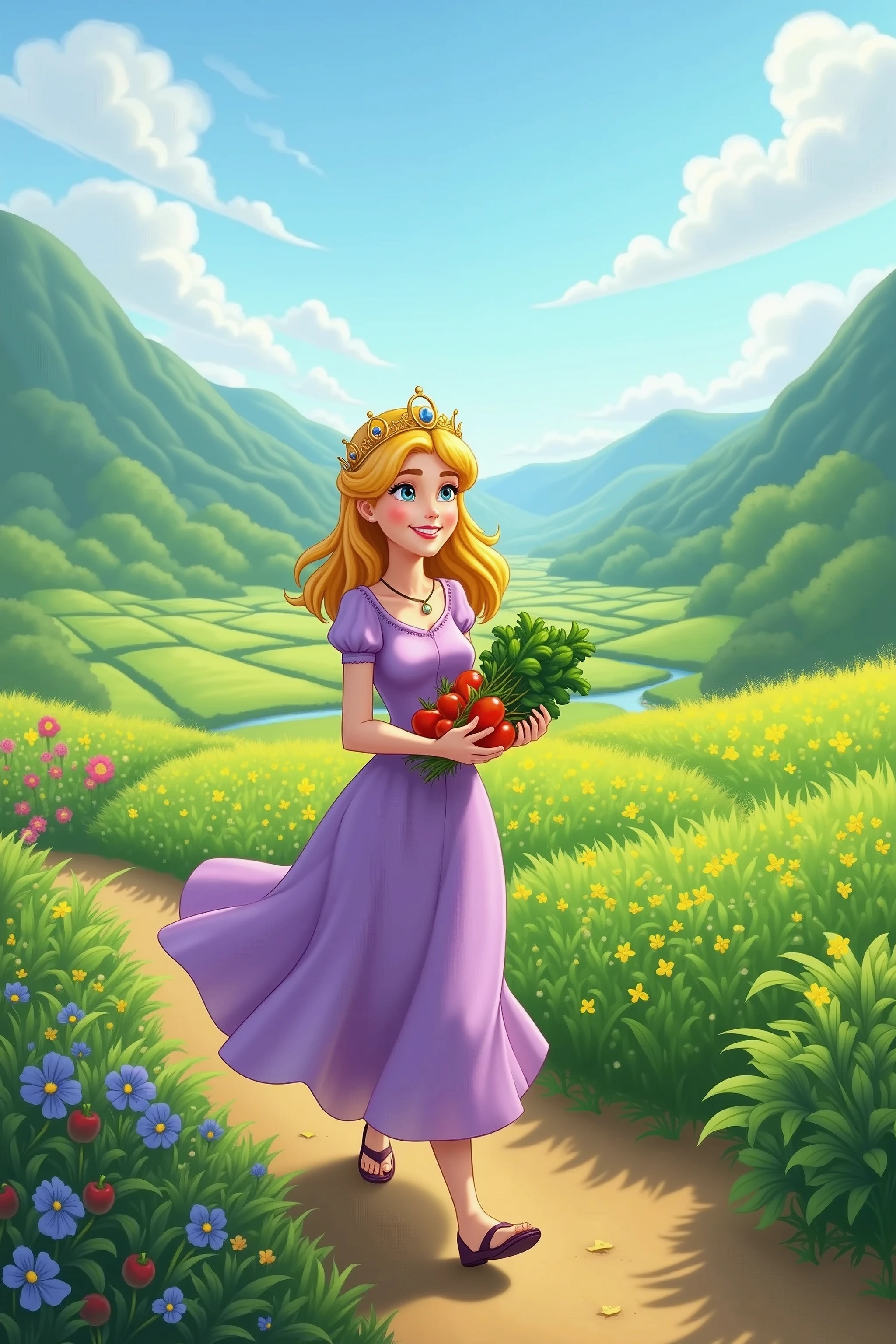 A picturesque valley transformed by the magical rain from the golden fruit. Lush, green fields stretch out under a bright, clear sky, with vibrant crops and blooming flowers.Princess Elara: Walking through the transformed fields, her lavender dress flowing in the breeze. She has a look of joy and satisfaction as she inspects the flourishing crops.Elara is holding a handful of ripe vegetables, smiling at the villagers.