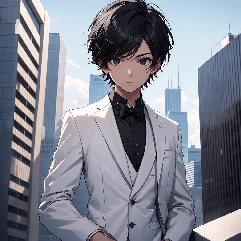 1boy, short black hair, black eyes, wearing white suit and black tie, on top of a building, high res, ultrasharp, 8k, masterpiece, looking at the viewer from behind