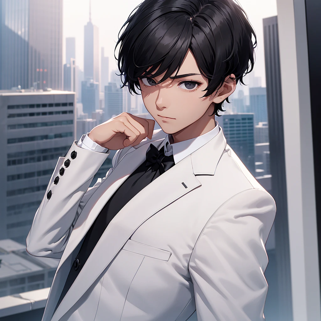1boy, short black hair, black eyes, wearing white suit and black tie, on top of a building, high res, ultrasharp, 8k, masterpiece, looking at the viewer from behind
