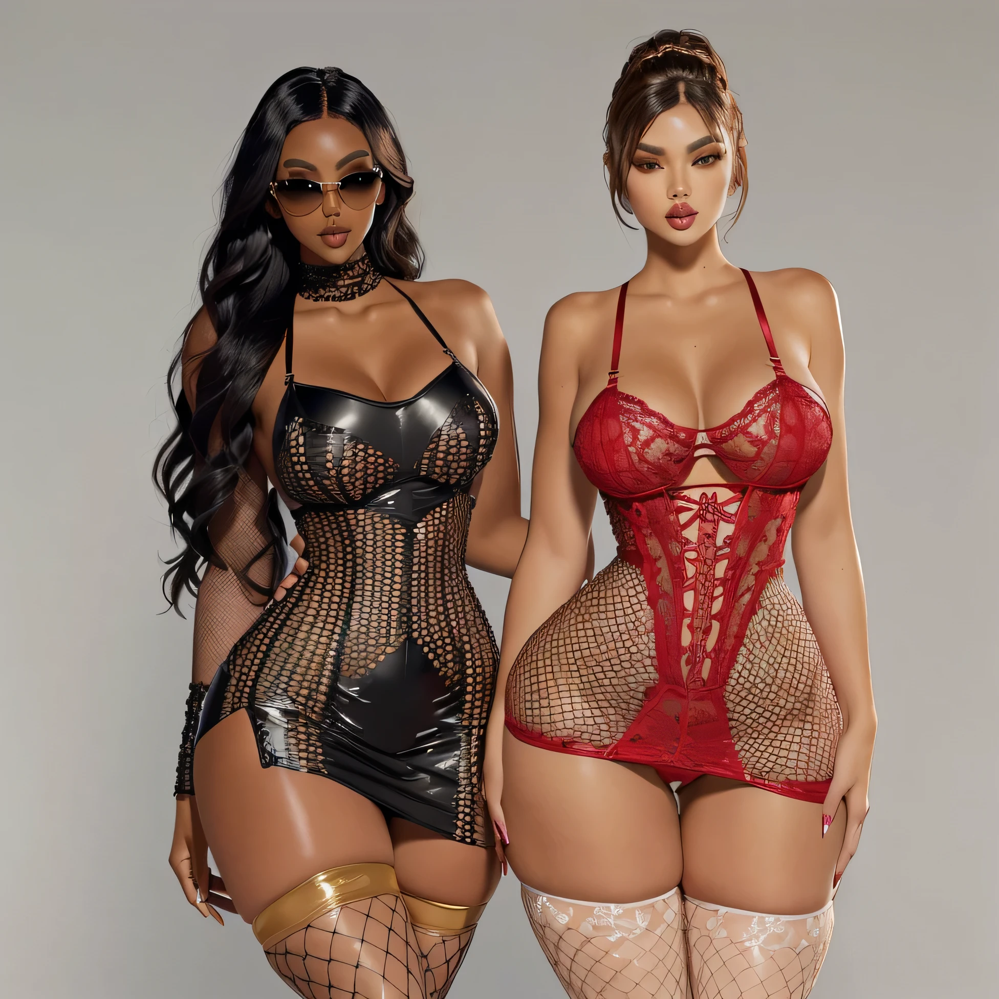 two women in lingerie outfits and sunglasses standing next to each other, fishnet clothing, in clothes! Very detailed, a sheep, body tights, only black and red!!!, tanned skin, ( ( Dark skin ) ), sexy :8, tunics! Intricate, in clothes! Intricate, tumblr, laced lingerie, various costumes, Second life, Inspired by Wang Duo