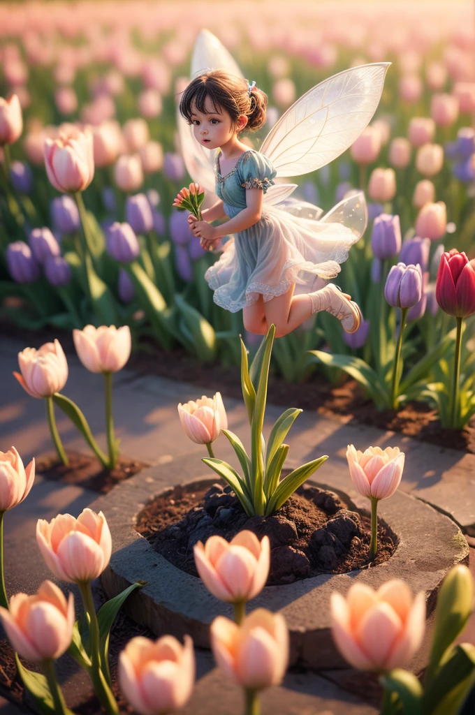 a tiny fairy is flying around tulips, masterpiece, 8k, photorealistic, soft natural lighting, ultra-detailed, realistic, long exposure, depth of field, macro