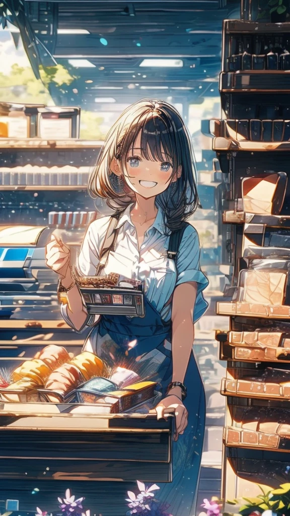 young woman,Facing forward,smile,((Standing inside the cash register)),Touching the cash register machine,Customer Service,((There is a cash register on the table)),(Scanning product barcodes at the cash register)),Supermarket clerk,Wearing an apron,uniform,((Working as a cashier)),((Cashier)),((cashier,register,)),((Receive money from customers)),There are products on the shelves,In the supermarket,Bright interior,grocery store