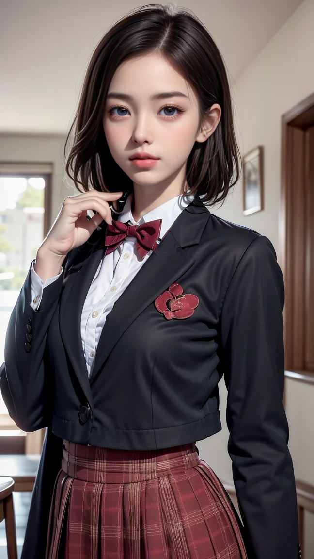 最高品質のwork,actual work,Ultra Premium Graphics,8K HD CG Operation,High quality graphics,고화질 CG work,10x pixels,Extremely fine detail:1.1,Advanced Technical Details:1.1 Real,(階段に足を組んで座っているgirl)Natural light:1.5. Lighting Effects(virtual Lighting Effects:1.8),Short Bob Hair,Black Hair,Transparent Hair,Hair with attention to detail(Premium Hair Detail:1.1)Clear Eyes,The double eyelids are beautiful,Sharp eye makeup, Delicate eyelash makeup, Thin eyebrows, Very fine grain,High nose, I like red lips, Rose Cheek, A face with subtle makeup , Cute Face, Perfectly balanced face,(Advanced Face Detail:1.1),The Shining,very coolドレス,Bright Red Series,((Front open wet black blazer)) 、(透け感のあるWet白いブラウス)、(Red bow tie)、(Wet Check Skirt)、、girl 、photo shoot,woman'work,Full body portrait,realism,very cool,My eyes are shining today too、(8. she'that'Wet)),(Sudden rain、Wind),(Windでスカートが舞い上がる),(I can see your pants)、Nipples showing through,Skirt flip