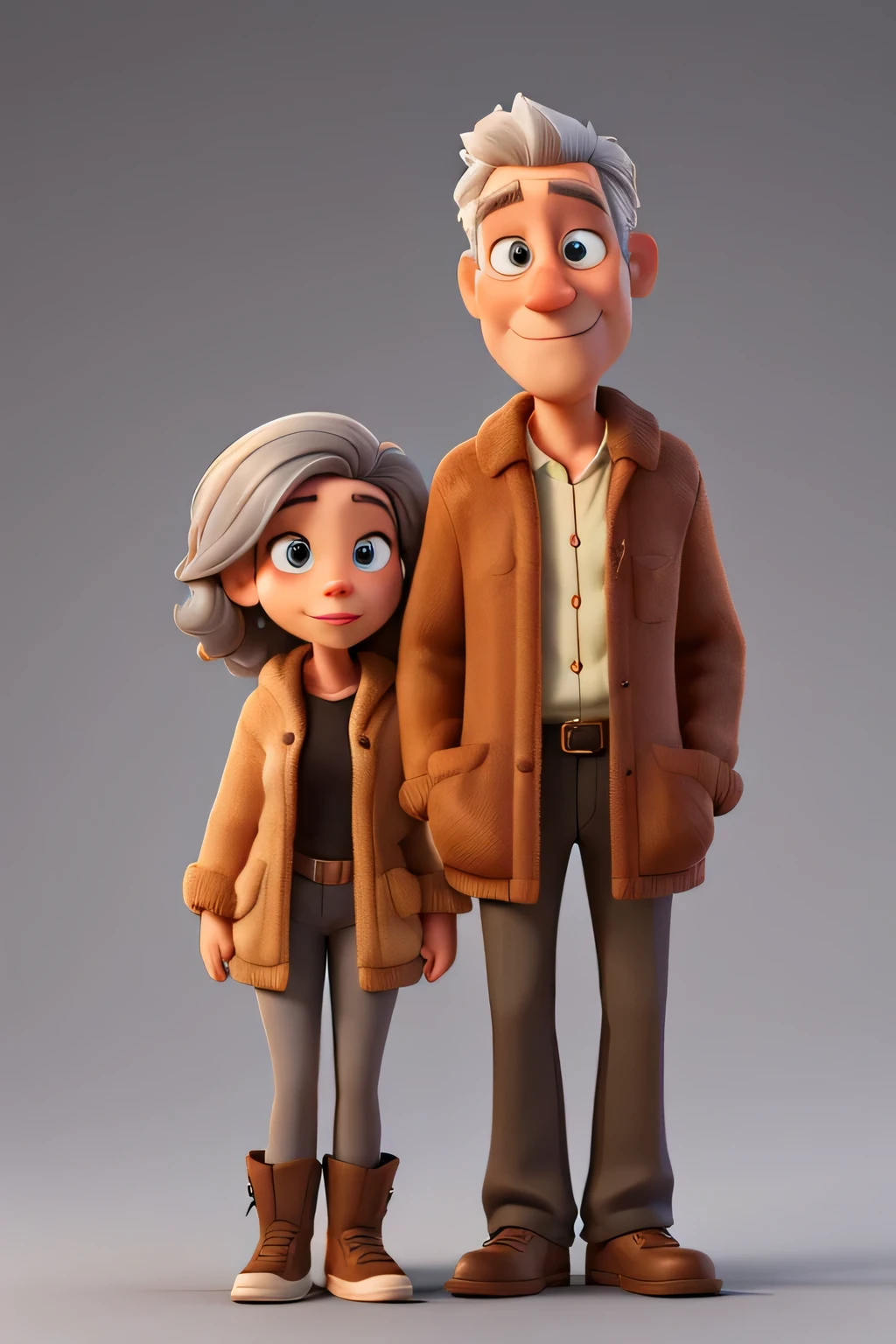 ((best qualityer)), ((work of art)), (detailded), 1 couple. Gray haired man,branco e eyes black. Caucasian female, chestnut hair, eyes black. 3d pixar style