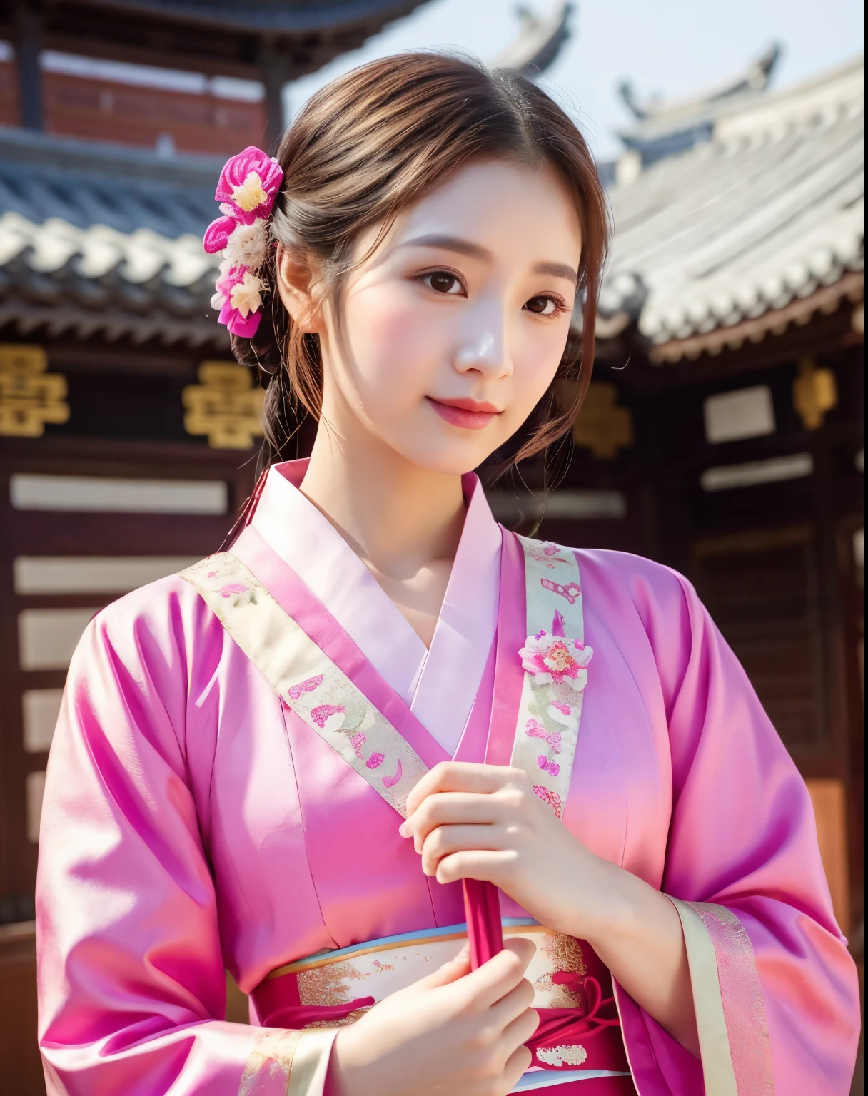 a close up of a woman in a pink dress with a bow, palace , a girl in hanfu, wearing ancient chinese clothes, ruan jia beautiful!, inspired by Zhu Derun, with acient chinese clothes, inspired by Zhang Yin, bae suzy, inspired by Yun Du-seo, lovely delicate face, traditional chinese clothing, hanfu