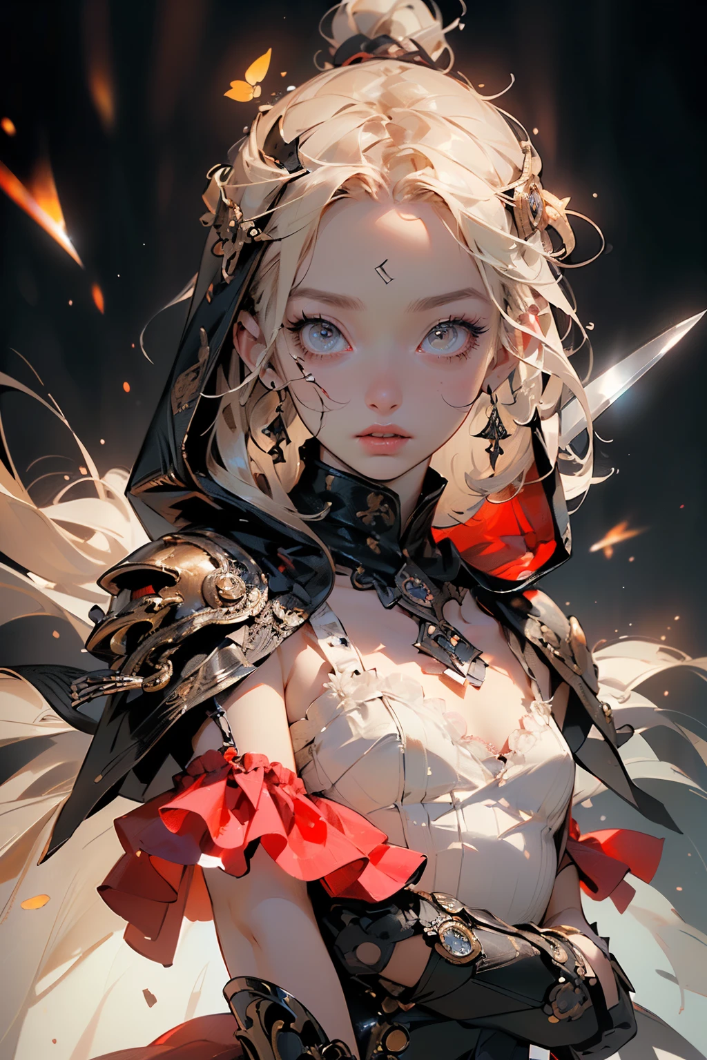 (((masterpiece, of the highest quality, super detailed))), (a female knight of an occult order), ((((a sword with a digital glitch-like effect to the blade as though it is rapidly flickering in and out of reality, with a very slight warping effect around it similar to gravitational lensing, is floating next to her)))), Edwardian/Victorian era inspired, ((minimal but intricate beautiful armour)), Fluttering lace flared dress with frilly petticoats, ((((Highly detailed face))), (((Very sharp focused eyes))), very long eyelashes, small breasts, (((flat chest:1.1))), occult aesthetic, (red and white clothing detailed and intricate steampunk and detailed gothic), (with a hood), complex lace boots